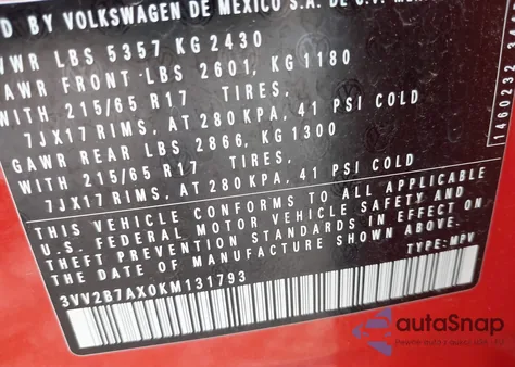 2019 Volkswagen Tiguan 2.0T Se/2.0T Sel/2.0T Sel R-Line/2.0T Sel R-Line Black z USA, uszkodzony, nr VIN 3VV2B7AX0KM131793